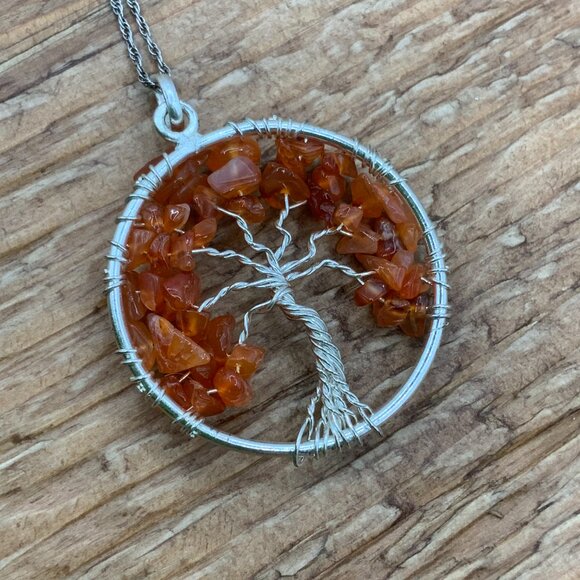 Tree of Life Natural Orange Carnelian Chips Sterling Silver Chain Necklace - Picture 5 of 6